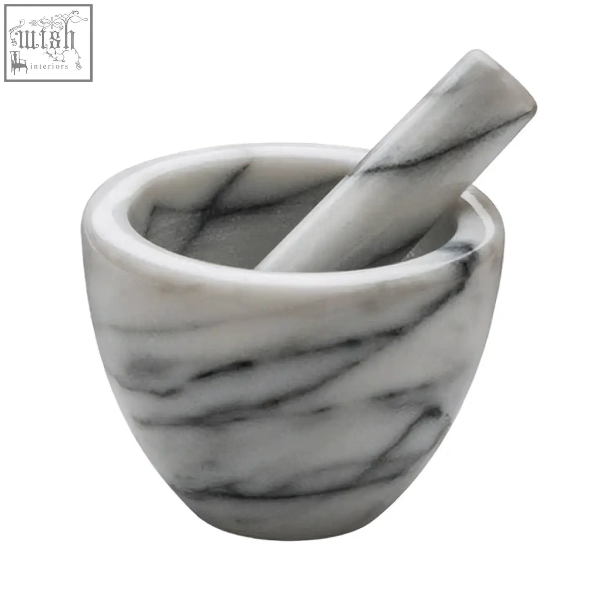 Salerno white marble mortar and pestle in white marble with black veining for grinding and crushing herbs