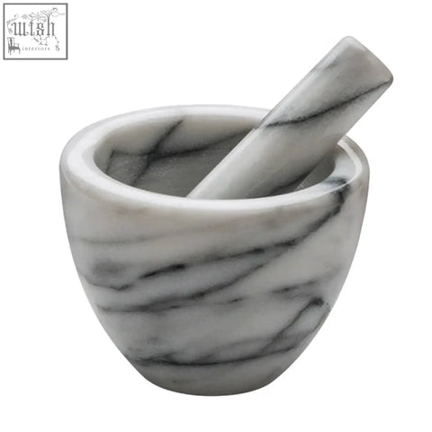 Salerno white marble mortar and pestle in white marble with black veining for grinding and crushing herbs
