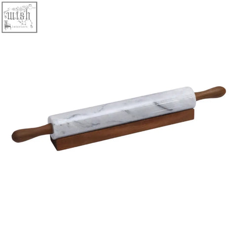 Salerno white marble rolling pin with wooden handles and matching wood stand for smooth dough rolling