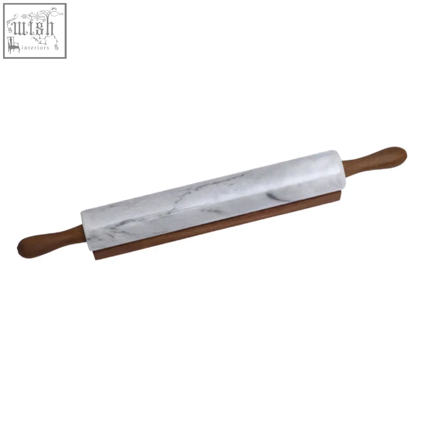 White marble rolling pin with dark brown wooden handles for smooth dough rolling and baking use