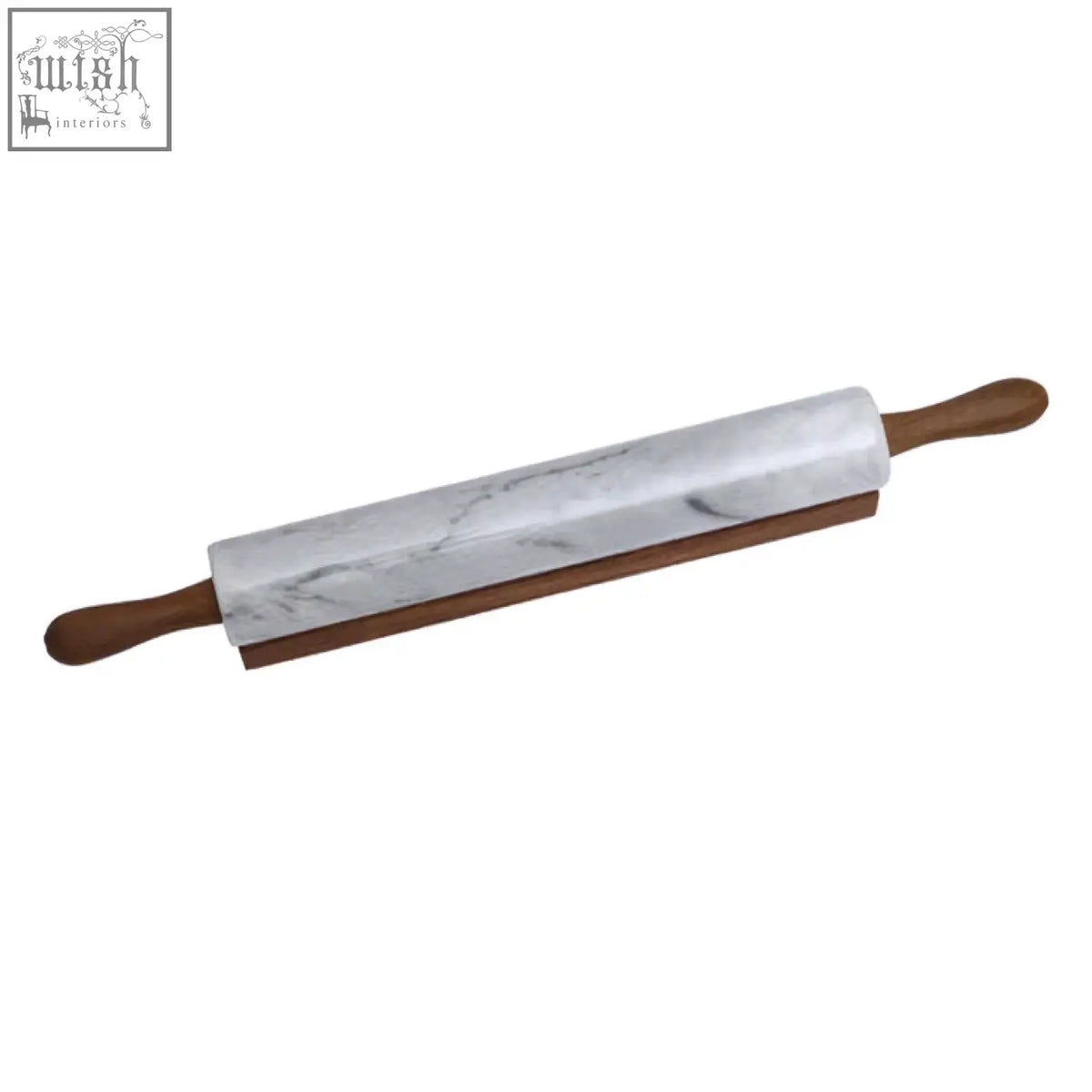 White marble rolling pin with dark brown wooden handles for smooth dough rolling and baking use
