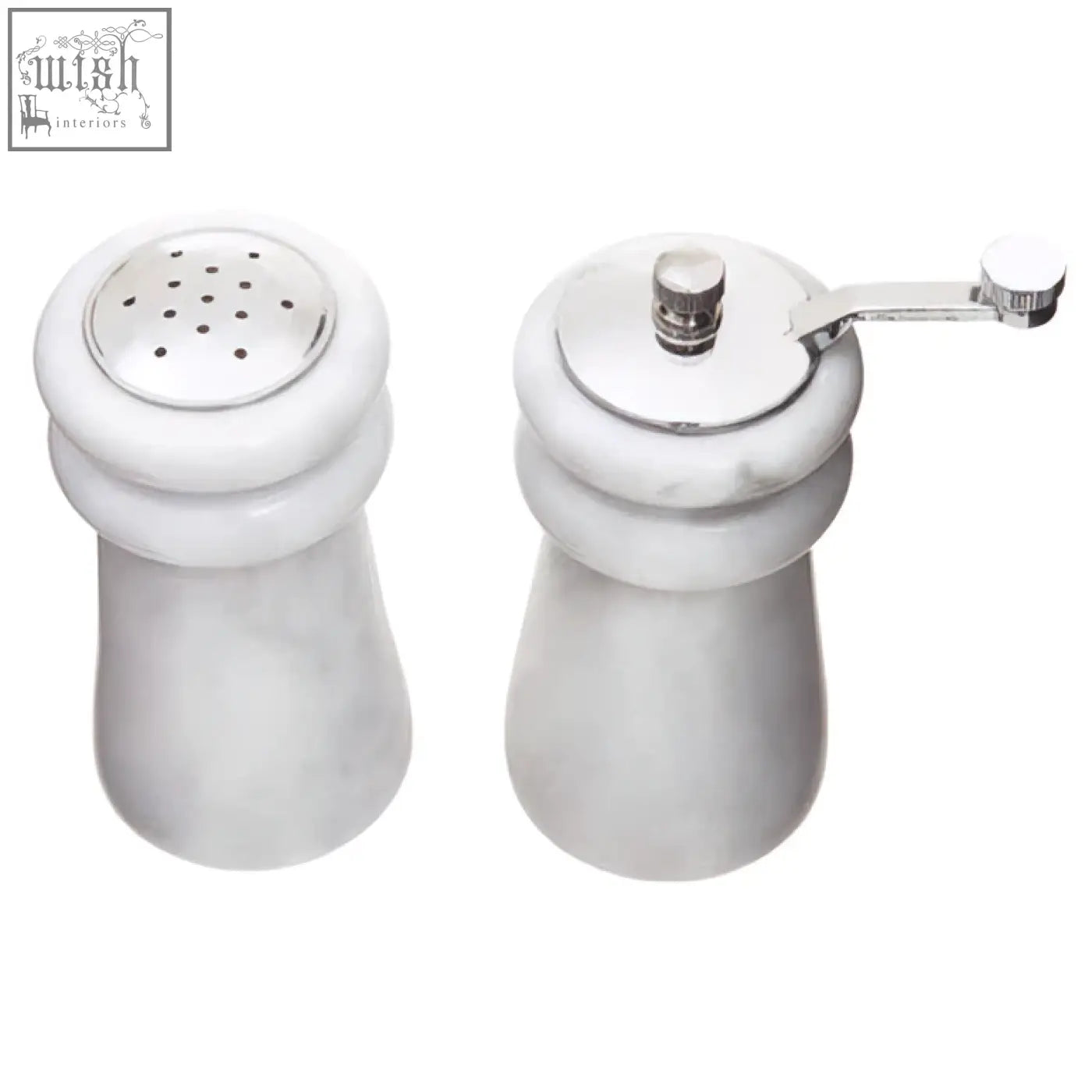 Salerno white marble salt and pepper set with chrome finished tops perfect for stylish dining table use
