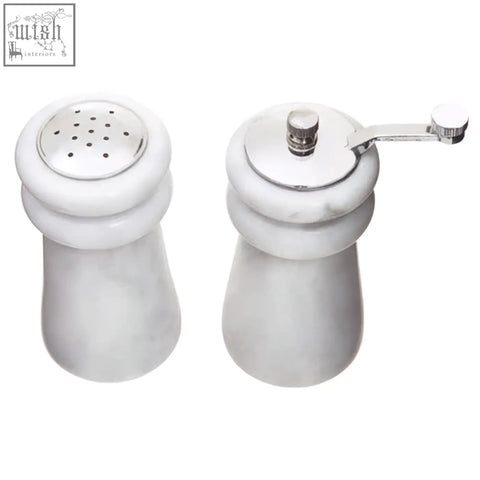 Salerno white marble salt and pepper set with chrome finished tops perfect for stylish dining table use