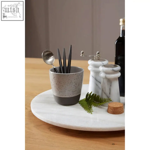 Gray speckled ceramic utensil holder with dark gray base for salerno white marble salt and pepper set storage