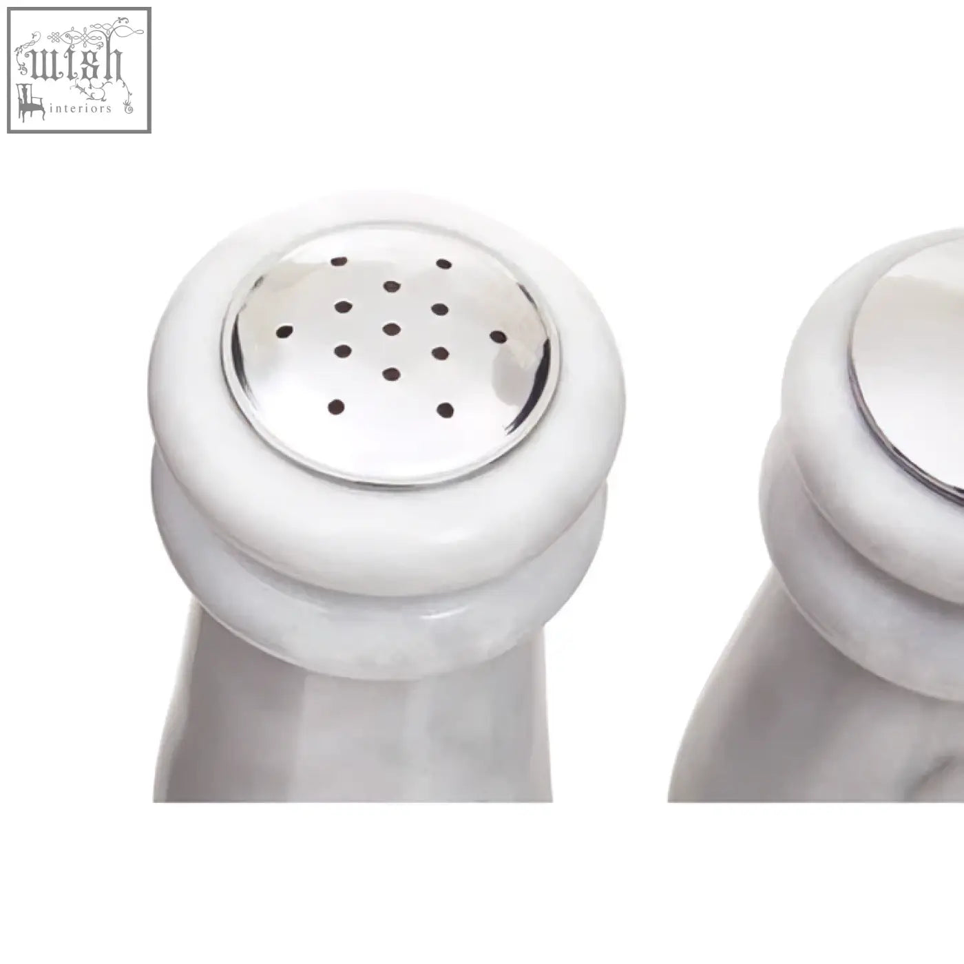 White ceramic salt and pepper shakers with polished silver tops in the salerno white marble salt and pepper set