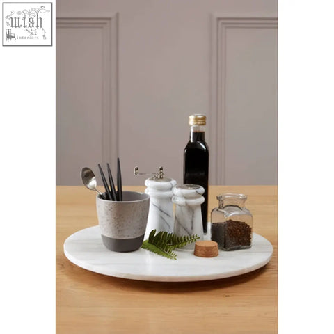 White marble round tray with subtle veining and smooth polished surface for salerno white marble salt set