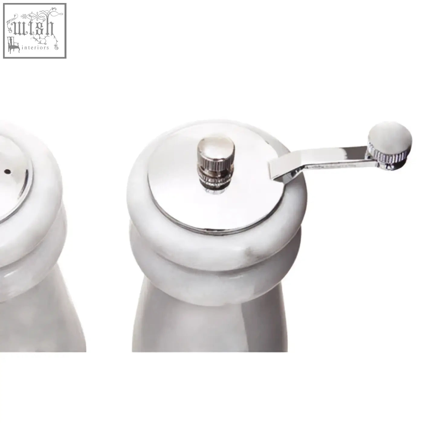 Salerno white marble salt and pepper set with chrome tops and handles featuring white marble salt design