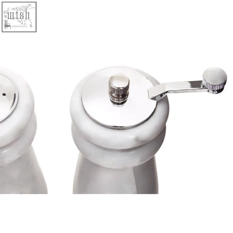 Salerno white marble salt and pepper set with chrome tops and handles featuring white marble salt design