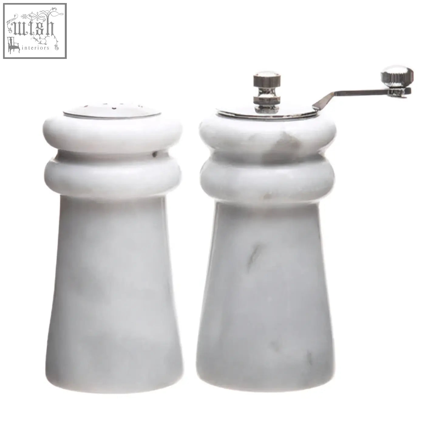 Salerno white marble salt and pepper set with silver tops and crank handles for easy seasoning use