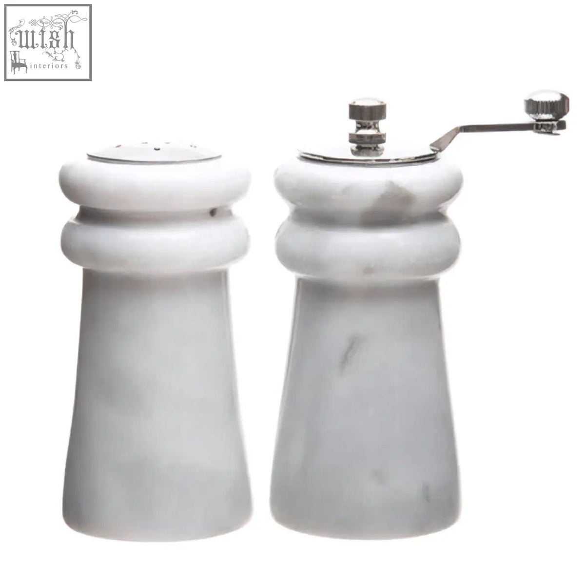 Salerno white marble salt and pepper set with silver tops and crank handles for easy seasoning use