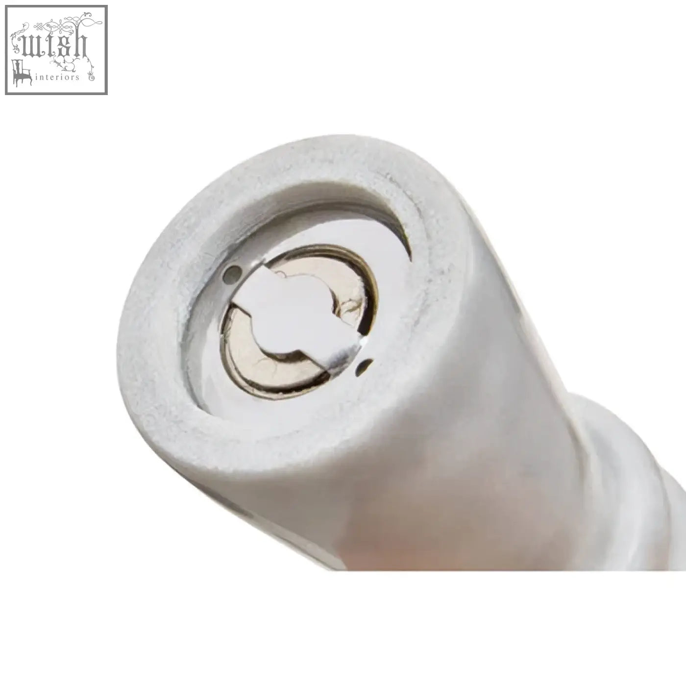 White cylindrical connector with metallic ring and holes for salerno white marble salt pepper set
