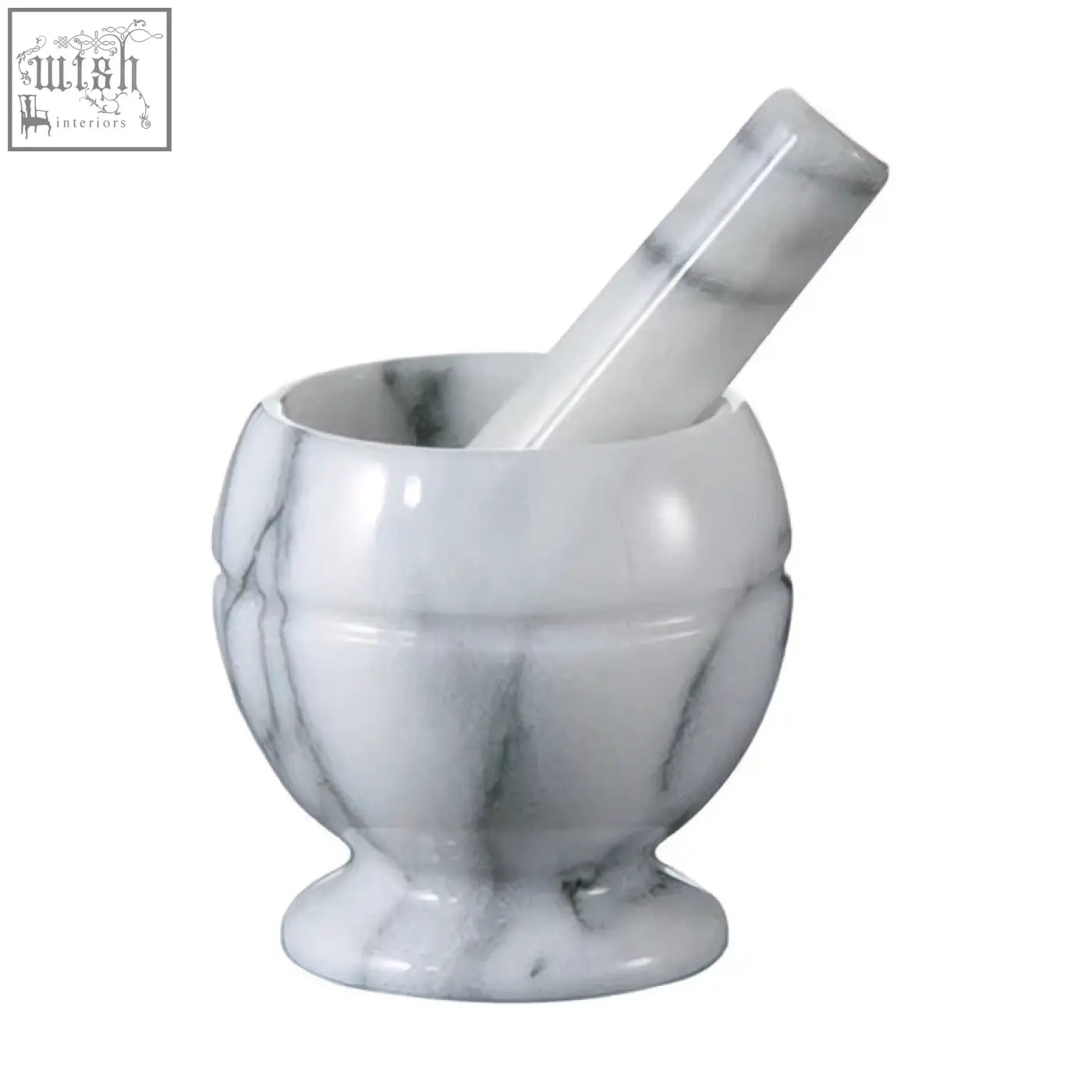 Salerno white marble small mortar and pestle set with elegant gray veining and classic rounded design