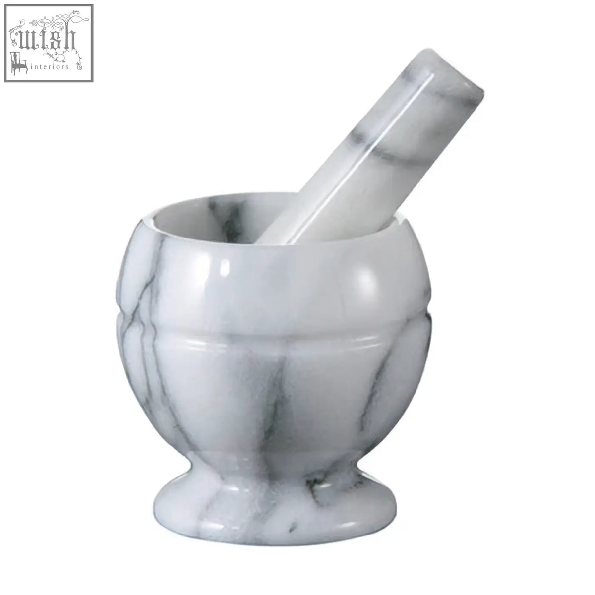 Salerno white marble small mortar and pestle set with elegant gray veining and classic rounded design