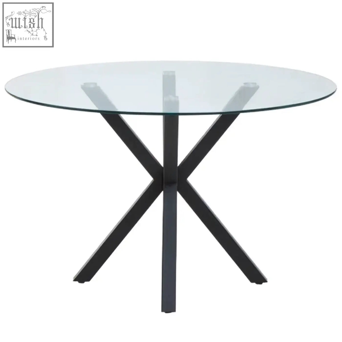 Salford round dining table with black metal x-shaped base and clear round glass tabletop for modern style