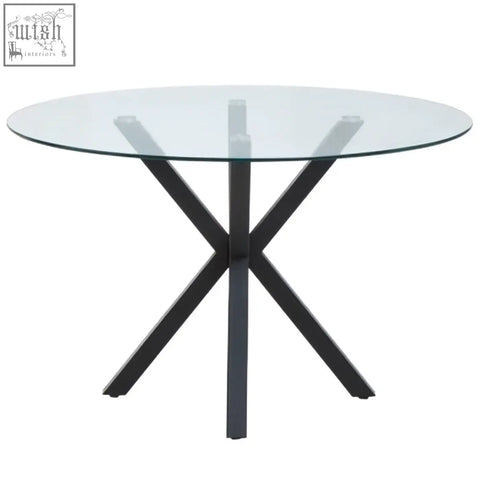 Salford round dining table with black metal x-shaped base and clear round glass tabletop for modern style