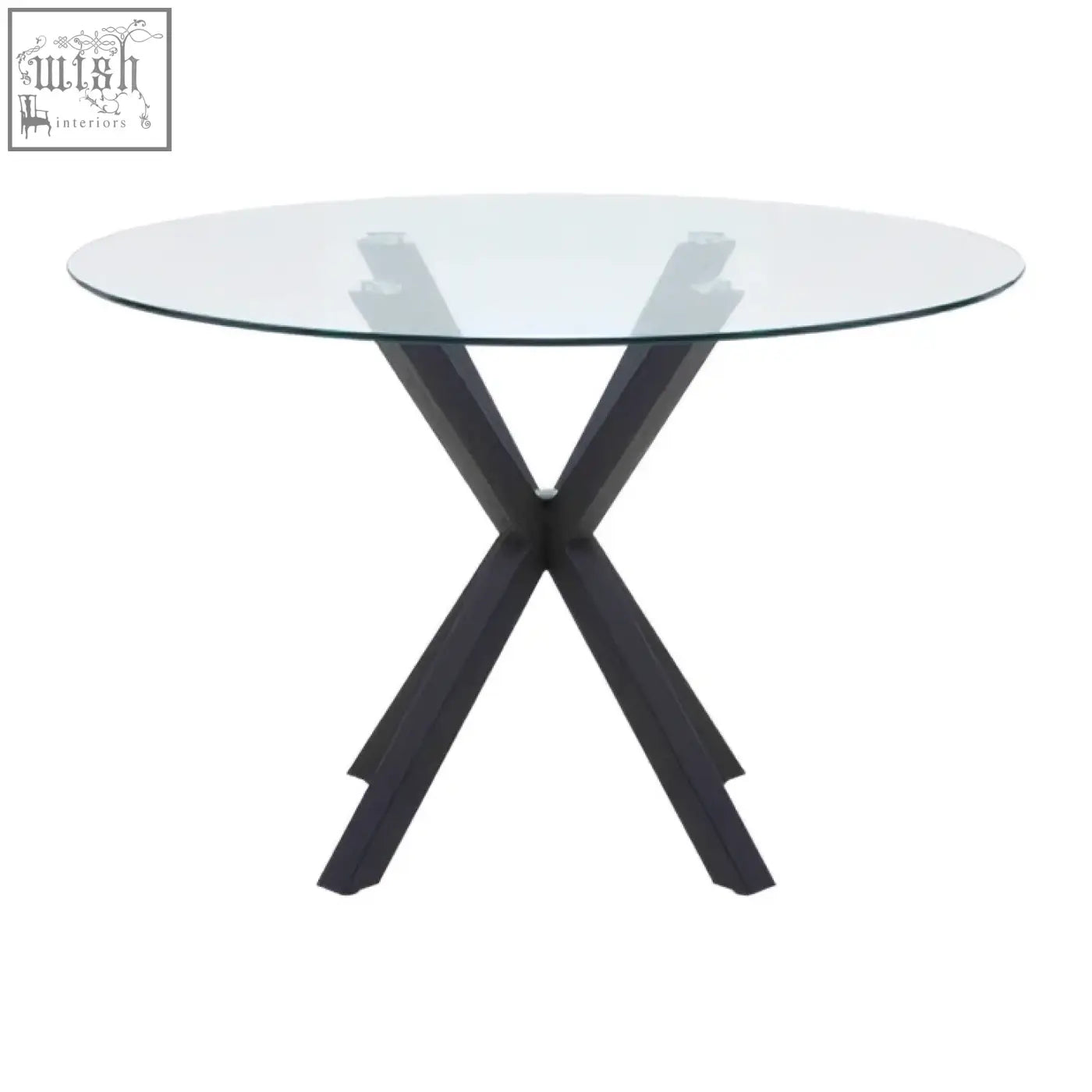 Black metal salford round dining table with x-shaped legs and clear glass top for stylish round dining table setup