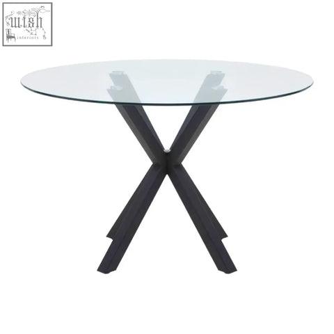 Black metal salford round dining table with x-shaped legs and clear glass top for stylish round dining table setup