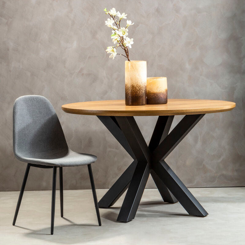 Salford wood veneer round dining table with black metal legs and a black x-shaped metal base