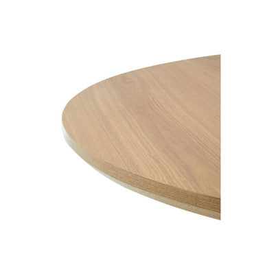 Light oak finished round dining table top with smooth wood grain and black metal legs from salford wood veneer line