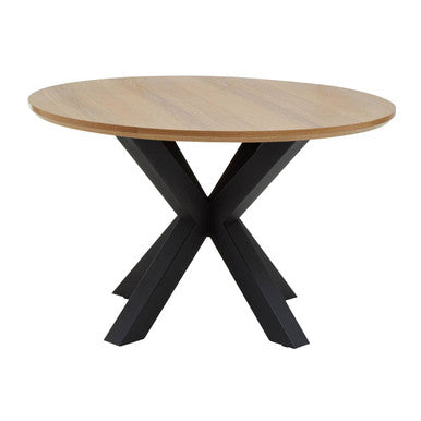 Salford wood veneer round dining table with black metal legs and a black x-shaped metal base