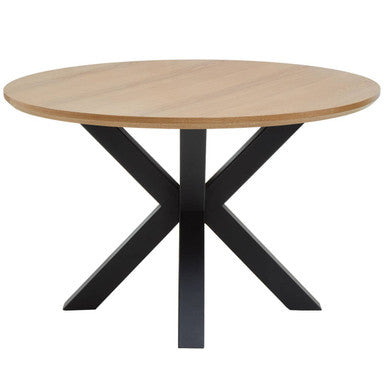 Salford wood veneer round dining table with round oak tabletop and sleek black metal legs for modern style
