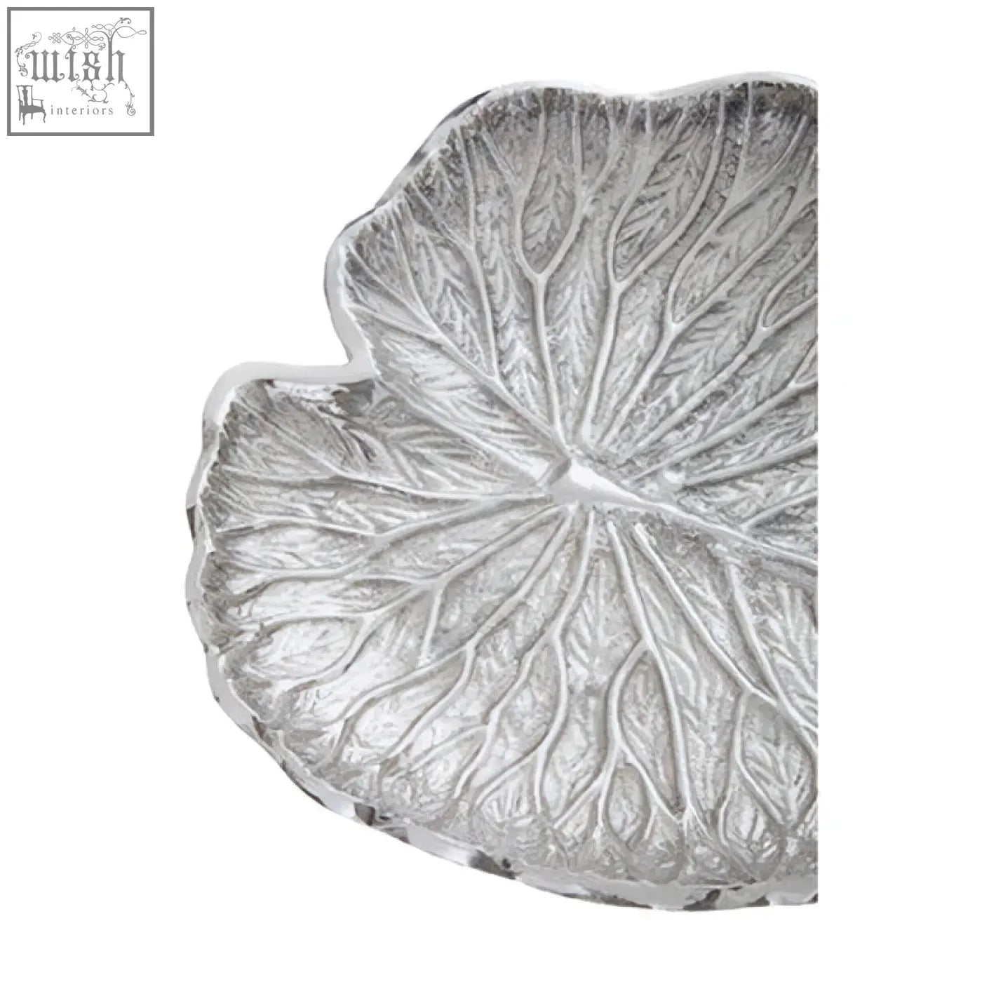Silver finish lotus leaf plate with intricate vein detailing and textured metallic look perfect for serving snacks