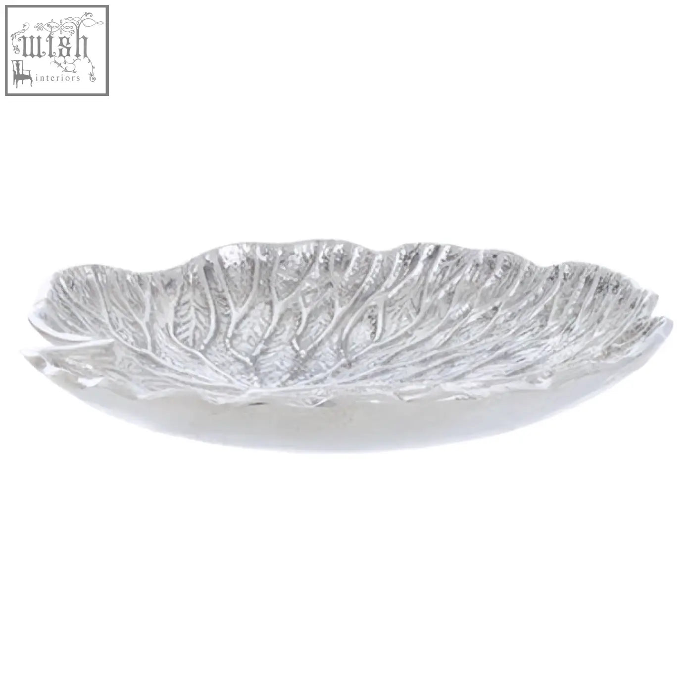 Silver finish lotus leaf plate with intricate vein detailing shaped like a small lotus leaf glass dish