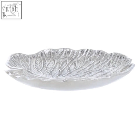 Silver finish lotus leaf plate with intricate vein detailing shaped like a small lotus leaf glass dish