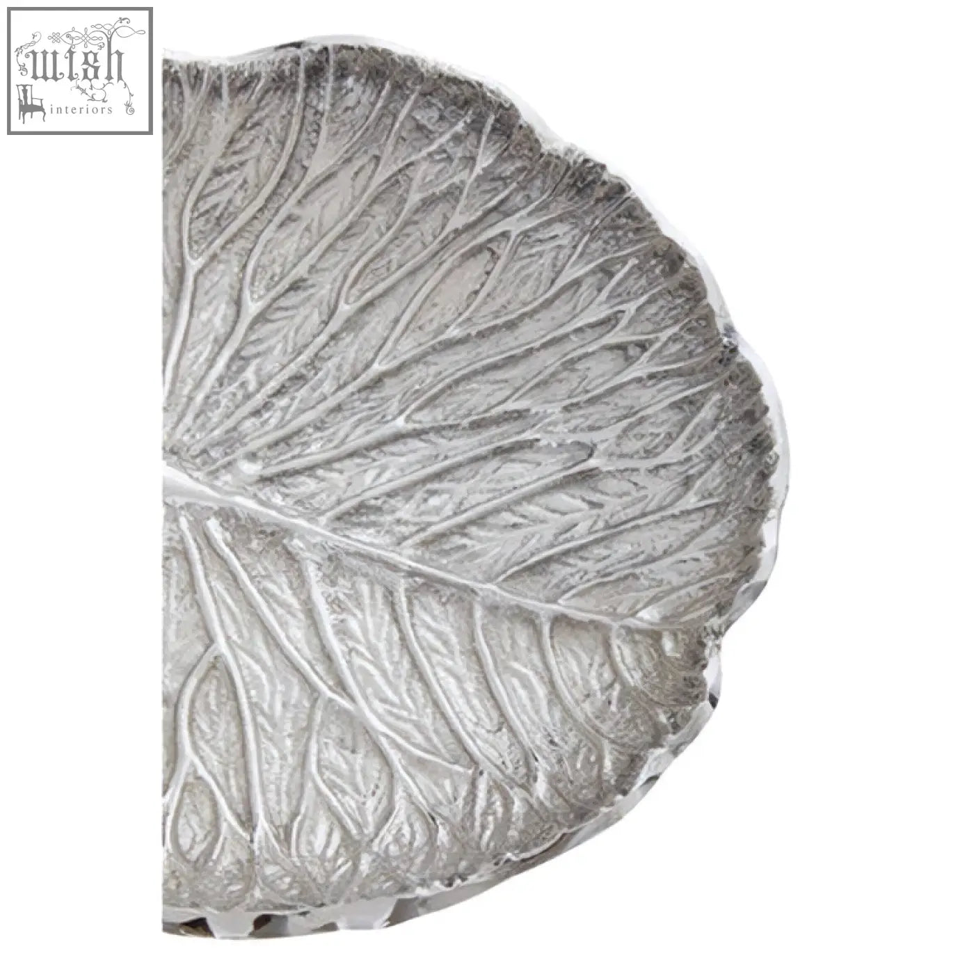 Silver finish lotus leaf plate with intricate vein detailing and textured metallic surface perfect for serving