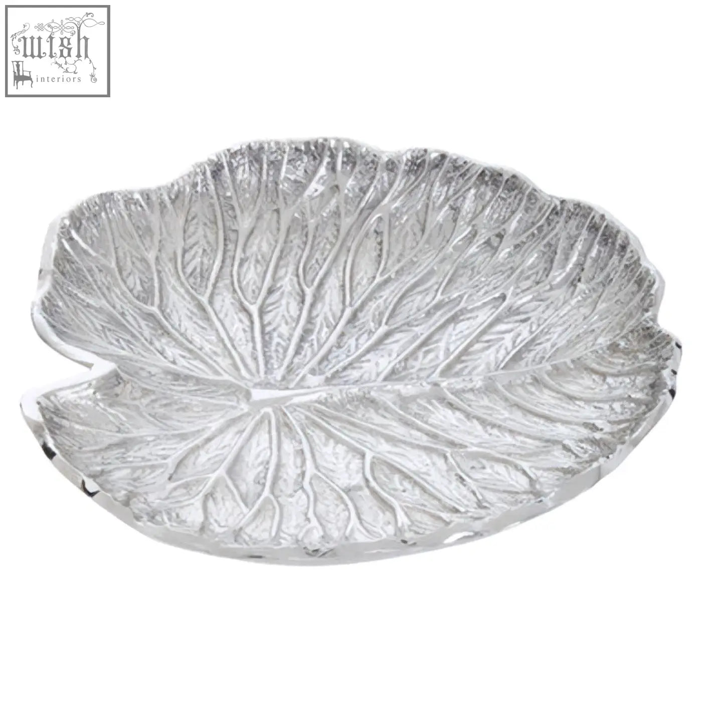 Salma small silver finish lotus leaf plate shaped like a silver lily pad with intricate leaf vein detailing