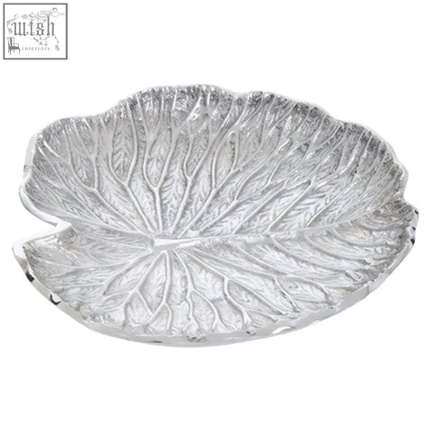 Salma small silver finish lotus leaf plate shaped like a silver lily pad with intricate leaf vein detailing