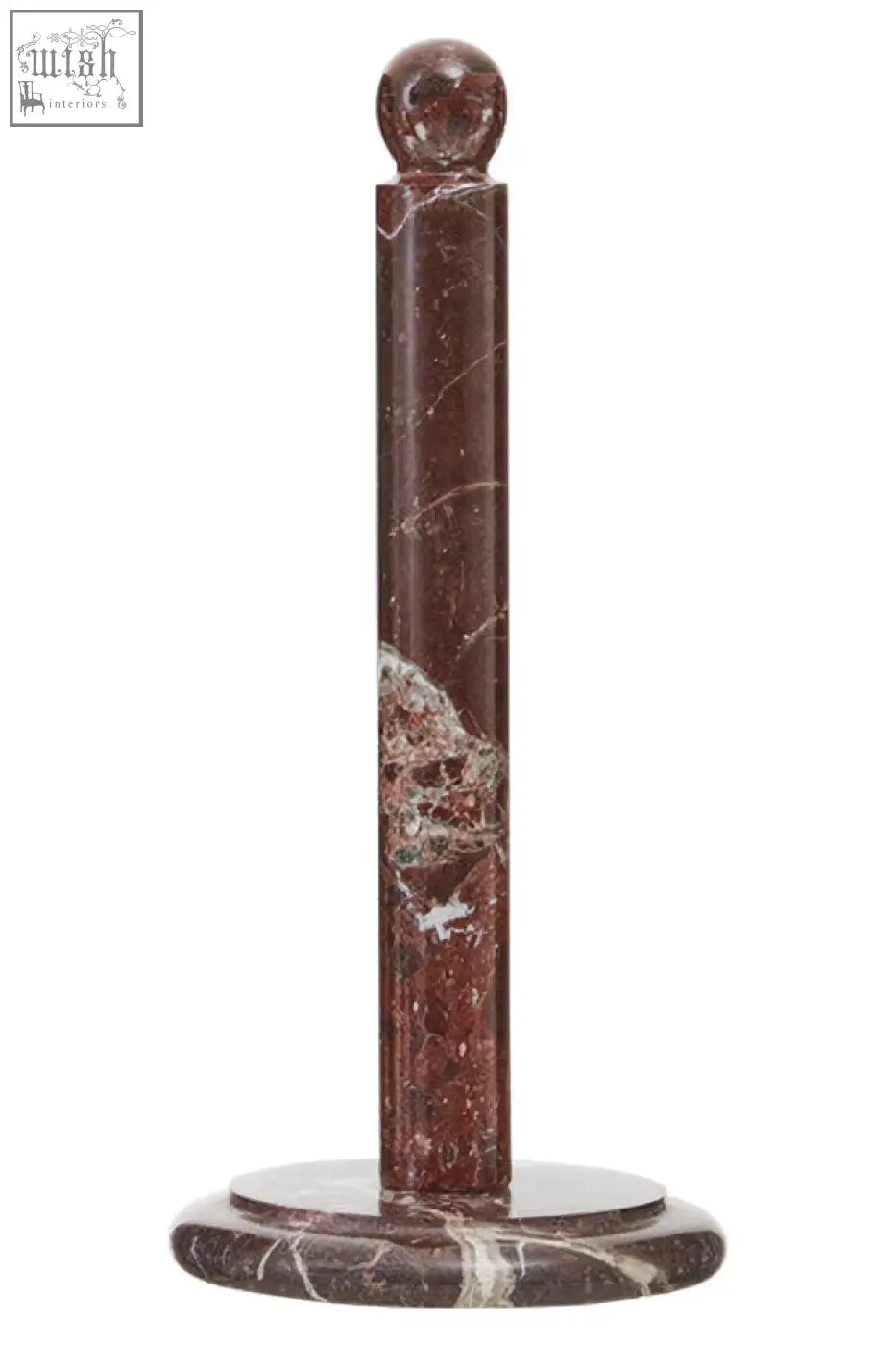 A sleek dark red marble salmo kitchen roll holder with polished finish and subtle white veining for kitchen use
