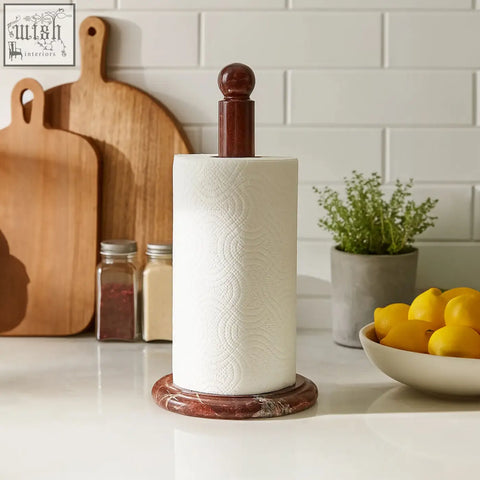 A salmo kitchen roll holder with a white embossed paper towel on a dark wood and marble base for kitchen use