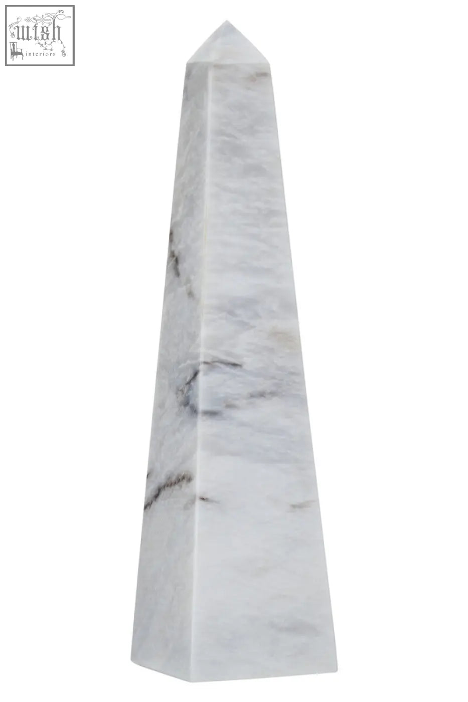 A sleek salmo large white marble obelisk with elegant gray veining and a polished smooth finish