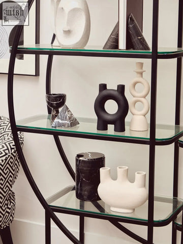 Black marble cylindrical vase with glossy finish and subtle veining from salmo marble pyramid collection