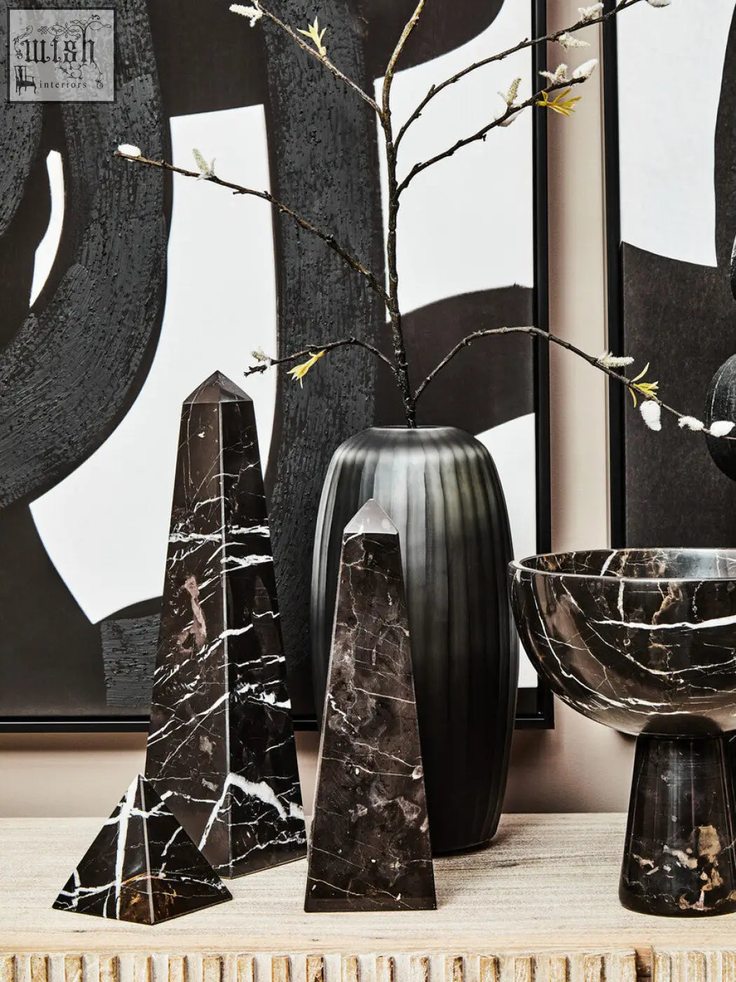 Black salmo marble pyramid and bowl with white veining decorative objects perfect for stylish home decor