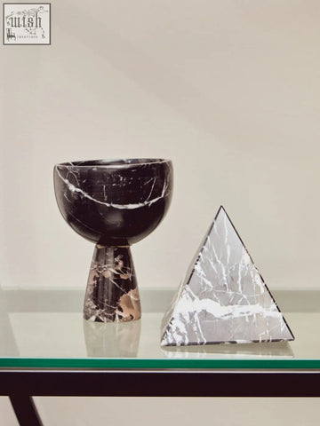 Black marble goblet with white veining and tapered base from salmo marble pyramid ornament collection