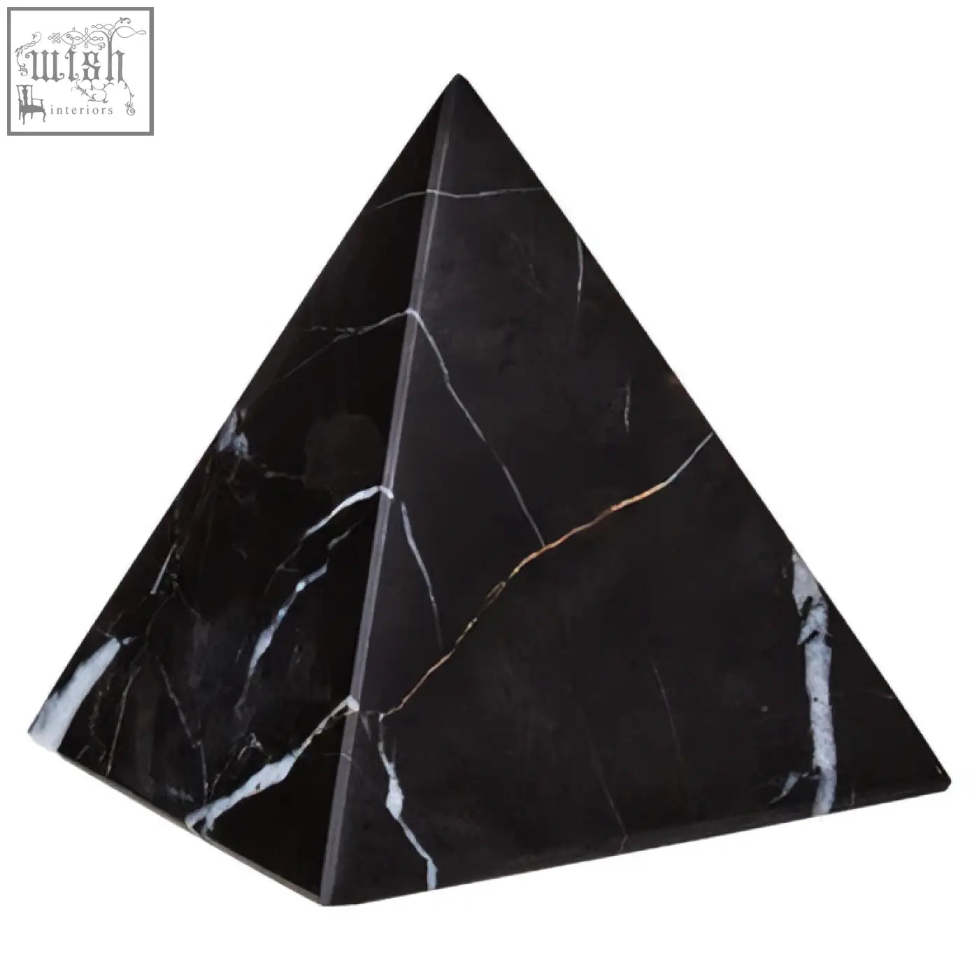 Black salmo marble pyramid ornament with white veining showcasing the elegant marble pyramid design