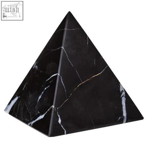 Black salmo marble pyramid ornament with white veining showcasing the elegant marble pyramid design