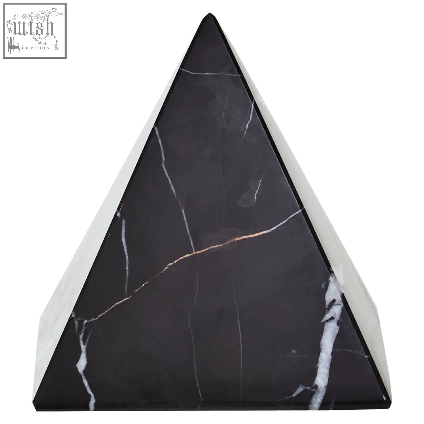 Black salmo marble pyramid ornament with white veining and polished finish perfect for desk decor