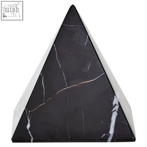 Black salmo marble pyramid ornament with white veining and polished finish perfect for desk decor