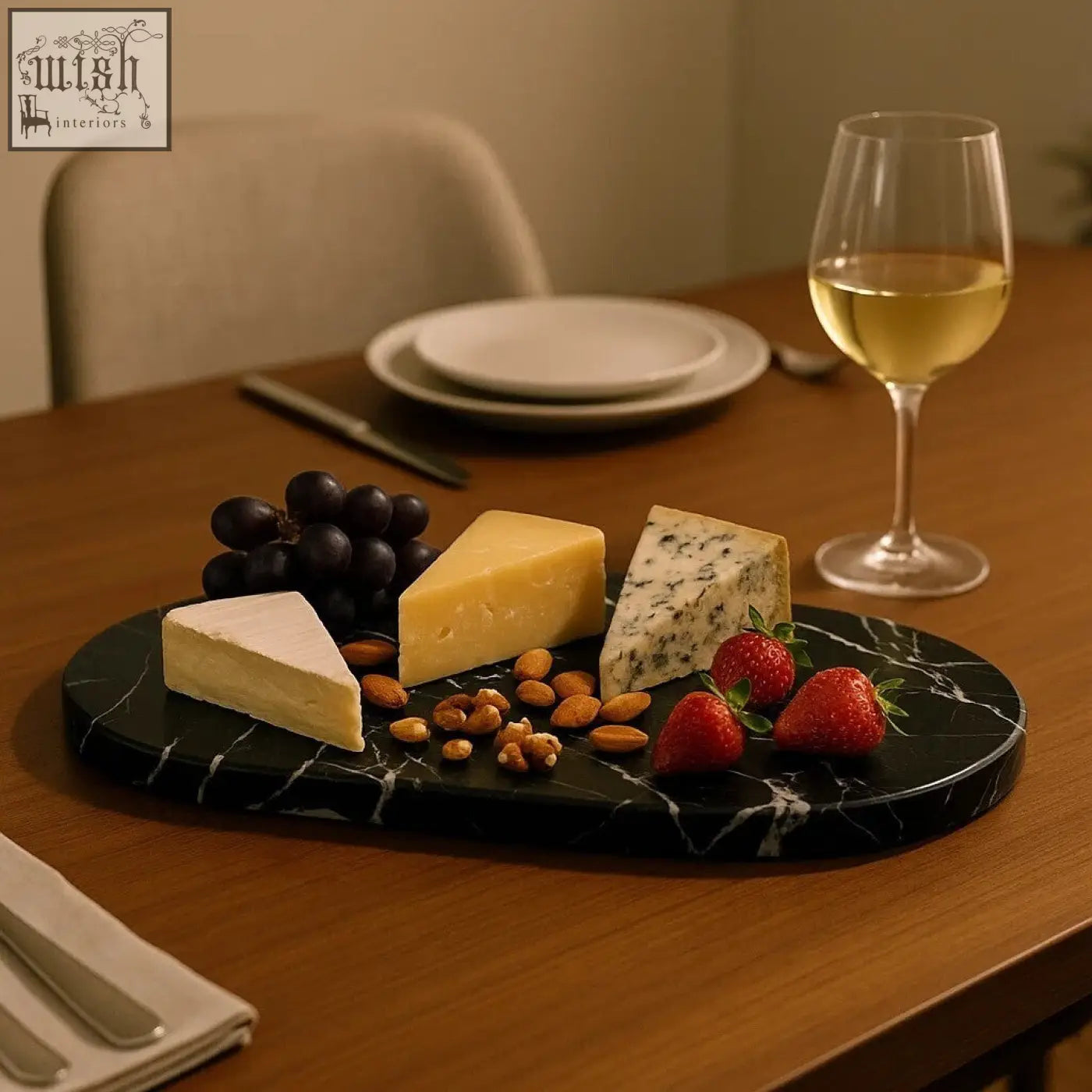 Salmo oval black marble cheese board with white veining perfect for black marble chopping and serving