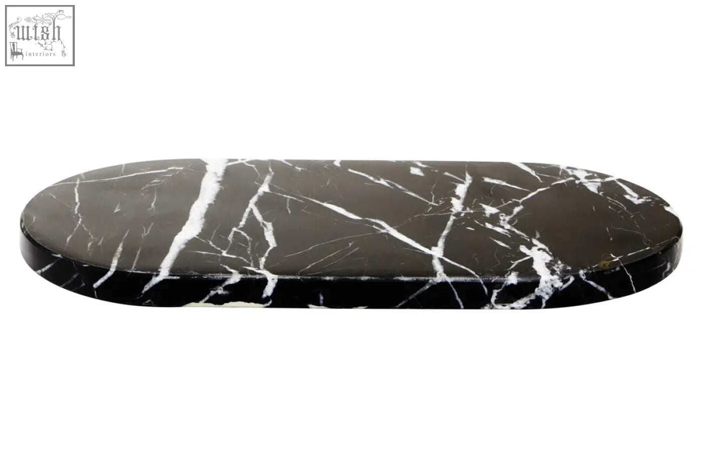 Salmo oval black marble chopping and serving board with striking white veining on an oval black marble tray