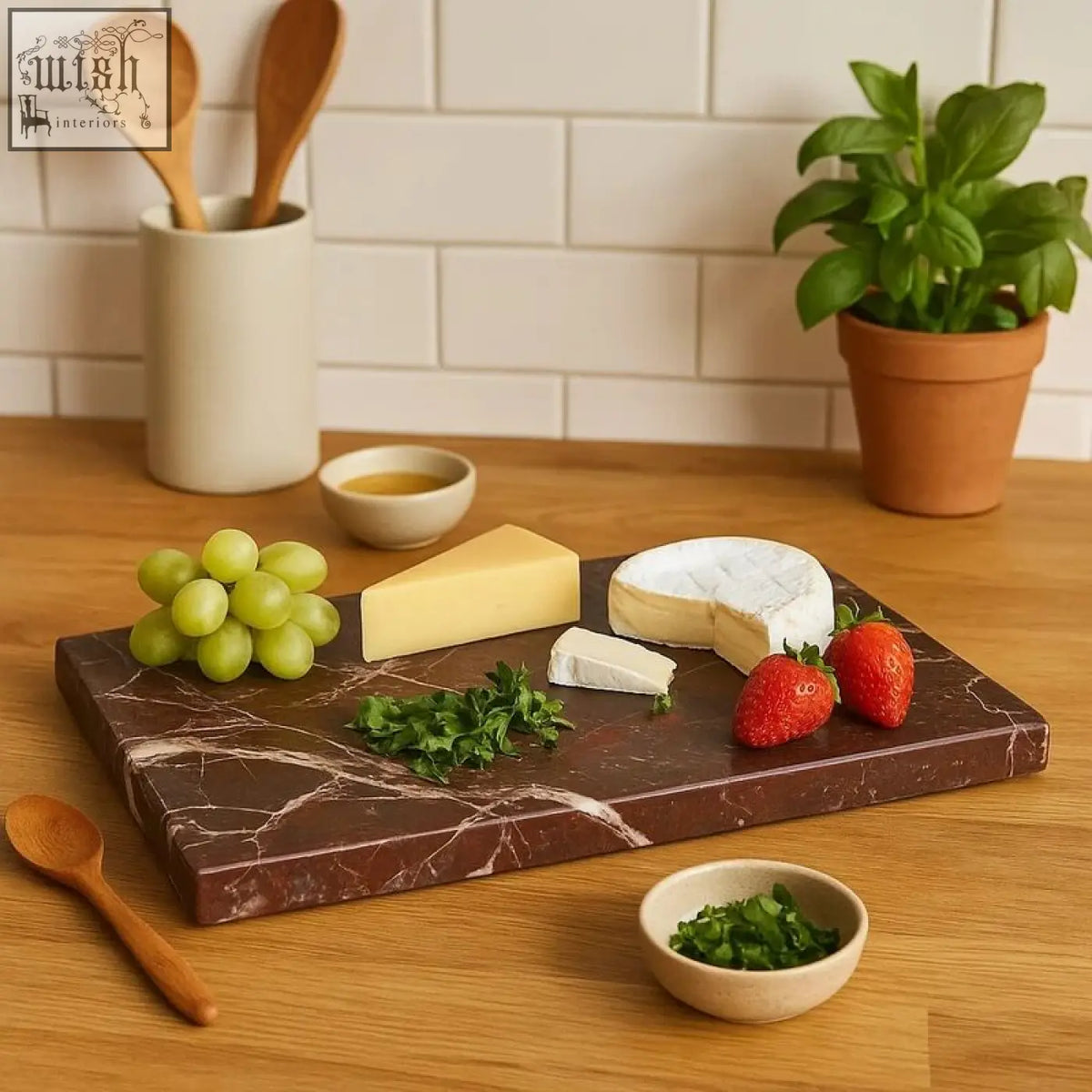 Brown marble cheese board with white veining for rectangular red and white marble chopping and serving board