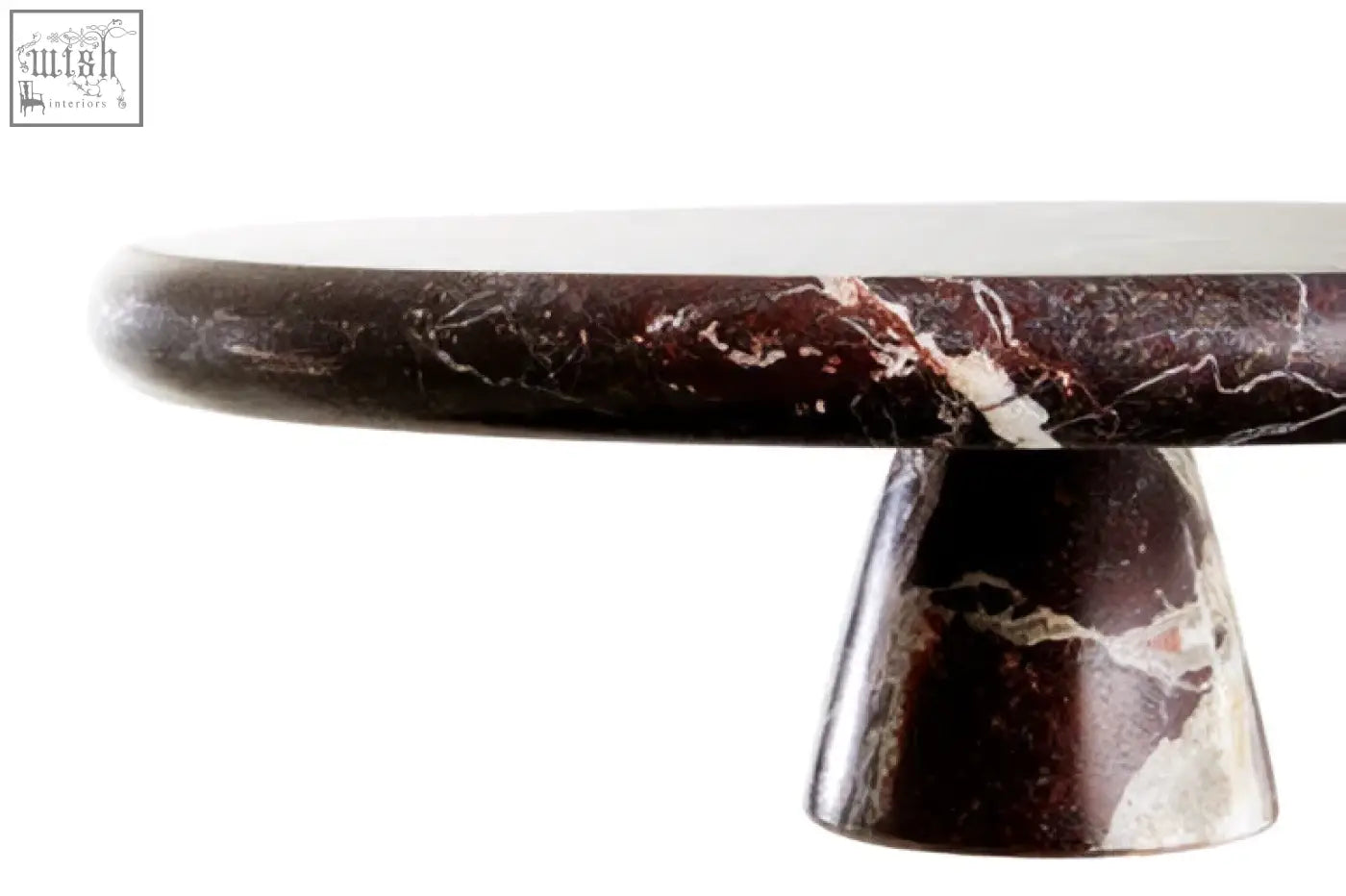Dark burgundy salmo red marble cake stand with white veining and sleek tapered base for marble cake display
