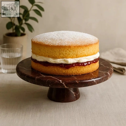 A golden sponge cake with red jam and cream on an elegant dark brown salmo red marble cake stand