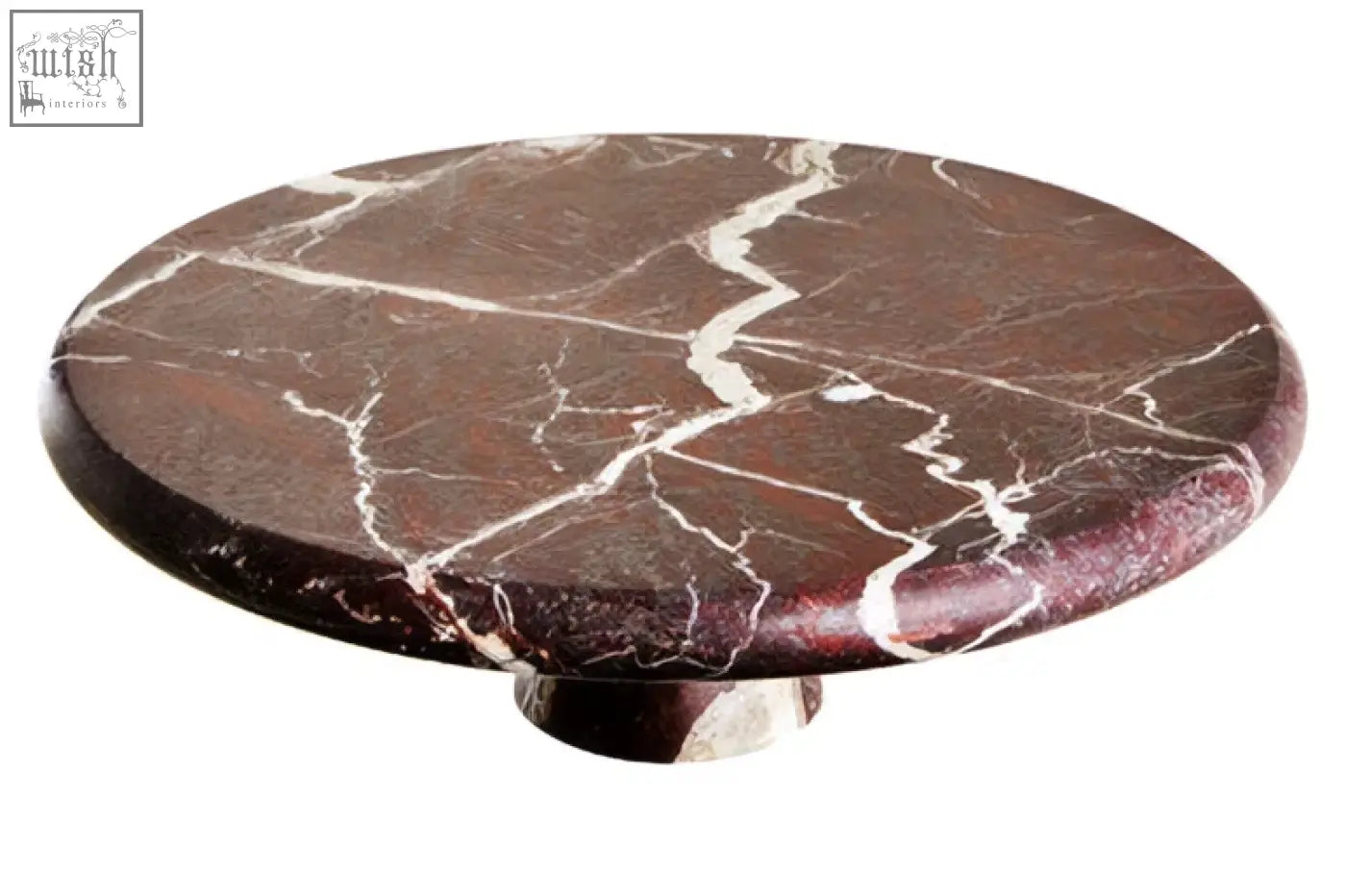 Salmo red marble cake stand with round dark brown marble top featuring white veins and polished metal pedestal base
