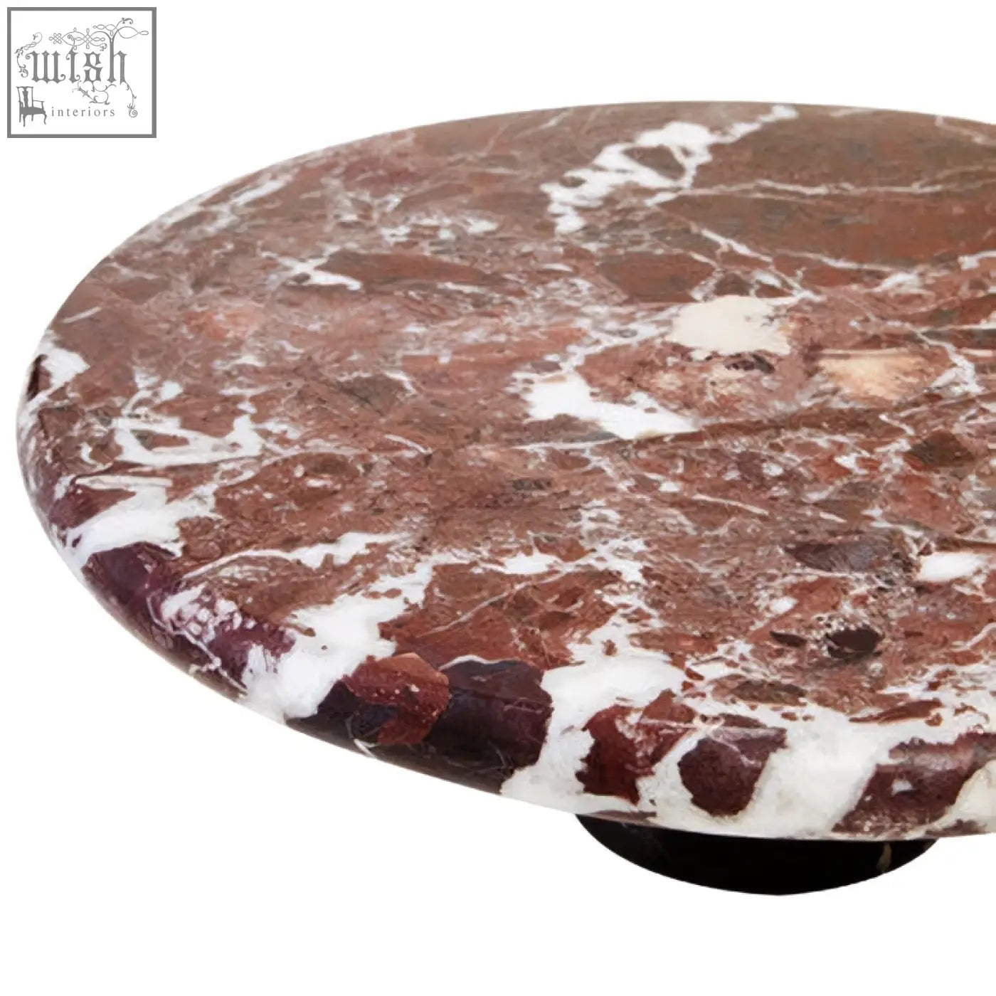 Salmo red marble cake stand with round polished red and white marble tabletop and smooth glossy finish