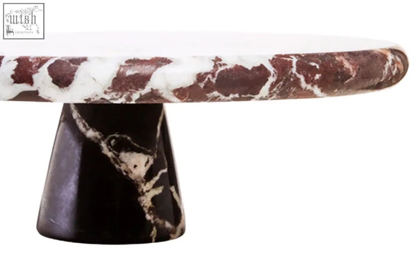 Salmo red marble sleek cake stand with polished white and deep burgundy veined top on a glossy black base