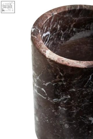 Dark brown salmo red marble cylindrical wine cooler with swirling white veining for red marble wine bottles